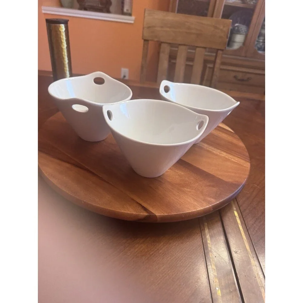 Crate & Barrel Bowls Set Of 2 Fine White Porcelain Handled Multi-Use